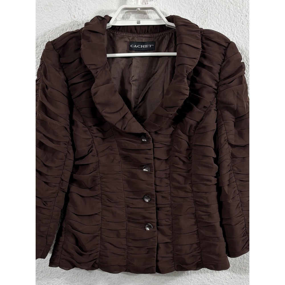 Vintage‎ Cachet Blazer Womens Medium Brown Ruched Chiffon Ruffle Jacket Y2K